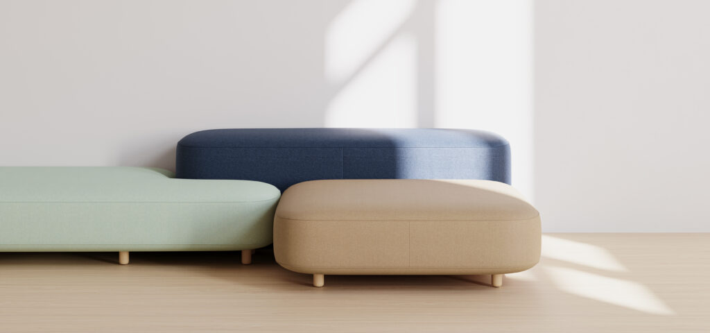 Three ottomans fabricated with Designtex's new wool collection.