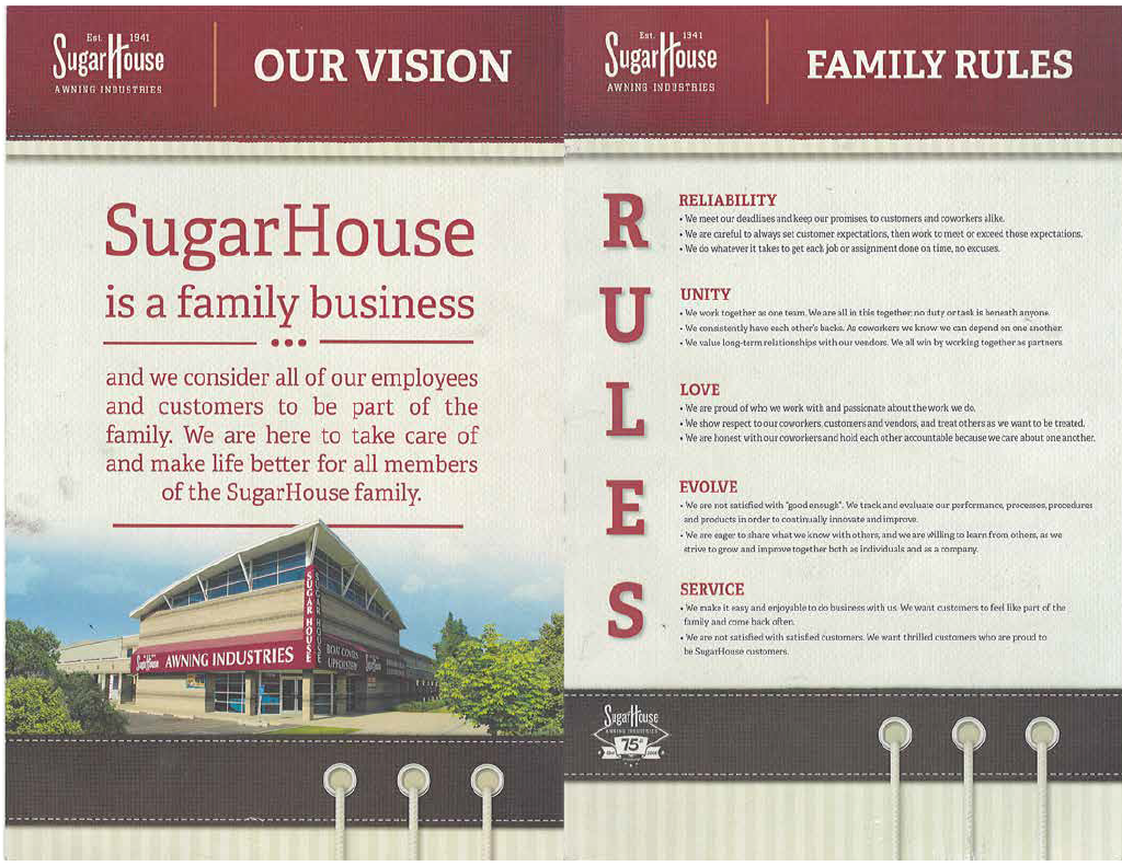 Visual of a document featuring SugarHouse Industries' family-oriented vision and rules, highlighted in red and brown tones.
