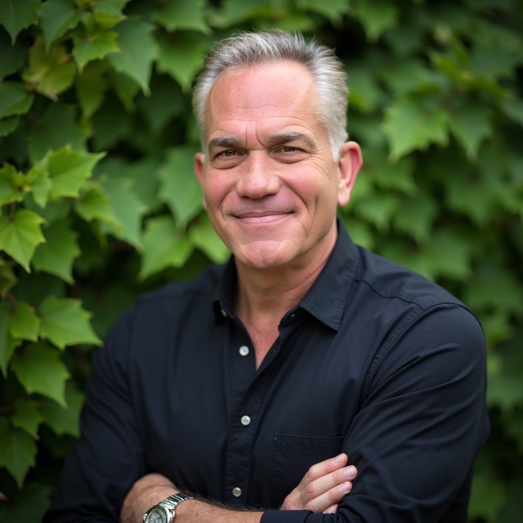 Smiling middle-aged man with short gray hair, wearing a black shirt, stands with arms crossed in front of lush green leaves.