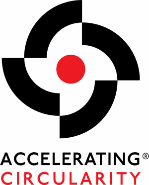 Stylized logo featuring a red circle surrounded by black curved shapes, with the text "ACCELERATING CIRCULARITY" below in bold font.