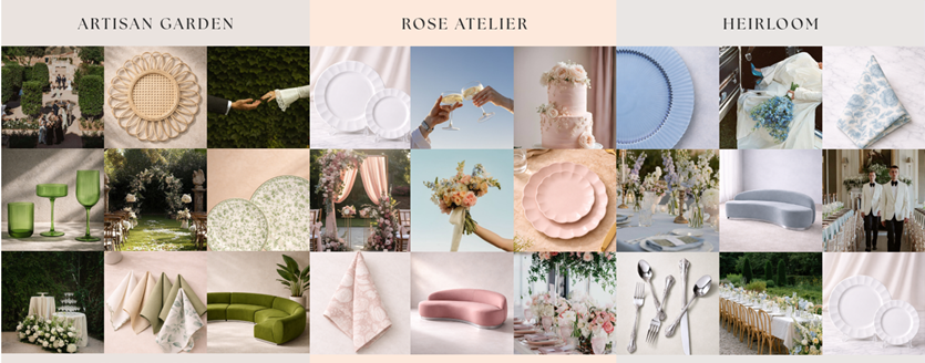Grid of design themes: "Artisan Garden" with greenery and rustic decor; "Rose Atelier" featuring blush accents and elegant floral arrangements; "Heirloom" showcasing classic table settings and pastel tones.