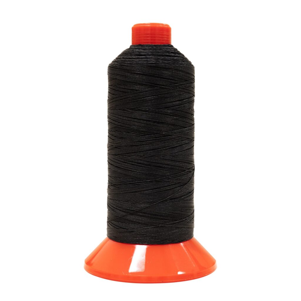 Black spool of marine thread with a wide orange base, displaying a textured surface and tightly wound strands.