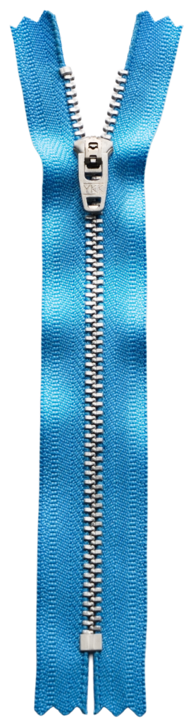 A bright blue lightweight zipper with metallic teeth and a black pull tab, laid out vertically against a transparent background.