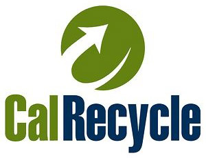 Green circular logo with a white arrow, alongside the text "CalRecycle" in green and blue.