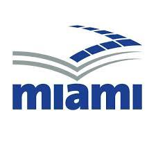 Logo featuring the word "miami" in bold blue letters, accompanied by stylized gray lines resembling waves above it.