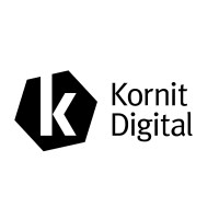 Logo featuring a stylized "k" and the name "Kornit Digital" in black text, set against a white background with geometric elements.
