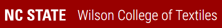 Text in bold white font reading "NC STATE" above "Wilson College of Textiles" on a deep red background.