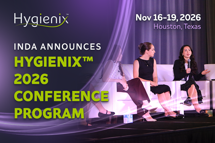 Three women sit on a stage discussing at a conference, with "Hygienix 2026 Conference Program" prominently displayed in green text.