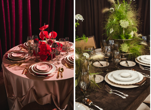 Three elegantly designed dining tables, each featuring distinct centerpieces and tableware. Soft reds, greens, and blues complement lush greenery.