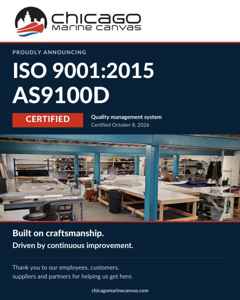 Certification announcement featuring a blue and red layout with text highlighting ISO 9001:2015 and AS9100D, emphasizing quality and craftsmanship.