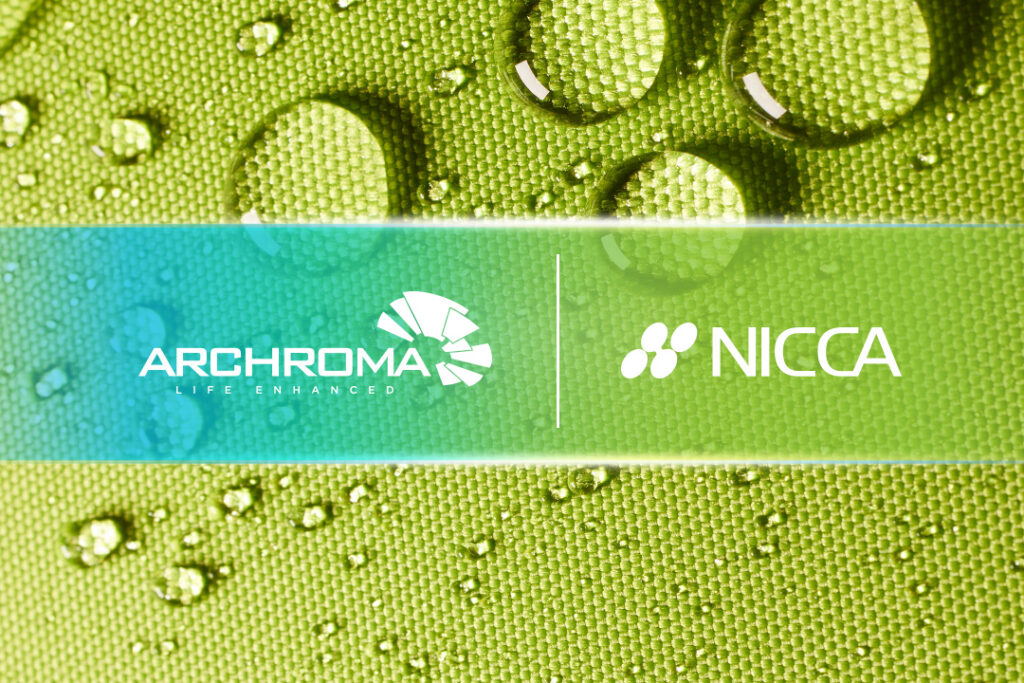 Close-up of a textured green fabric with water droplets, featuring the logos of Archroma and Nicca prominently displayed.