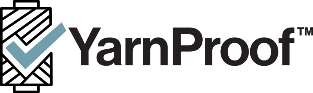 Logo featuring a stylized yarn spool with a checkmark in teal, alongside bold black text spelling "YarnProof."